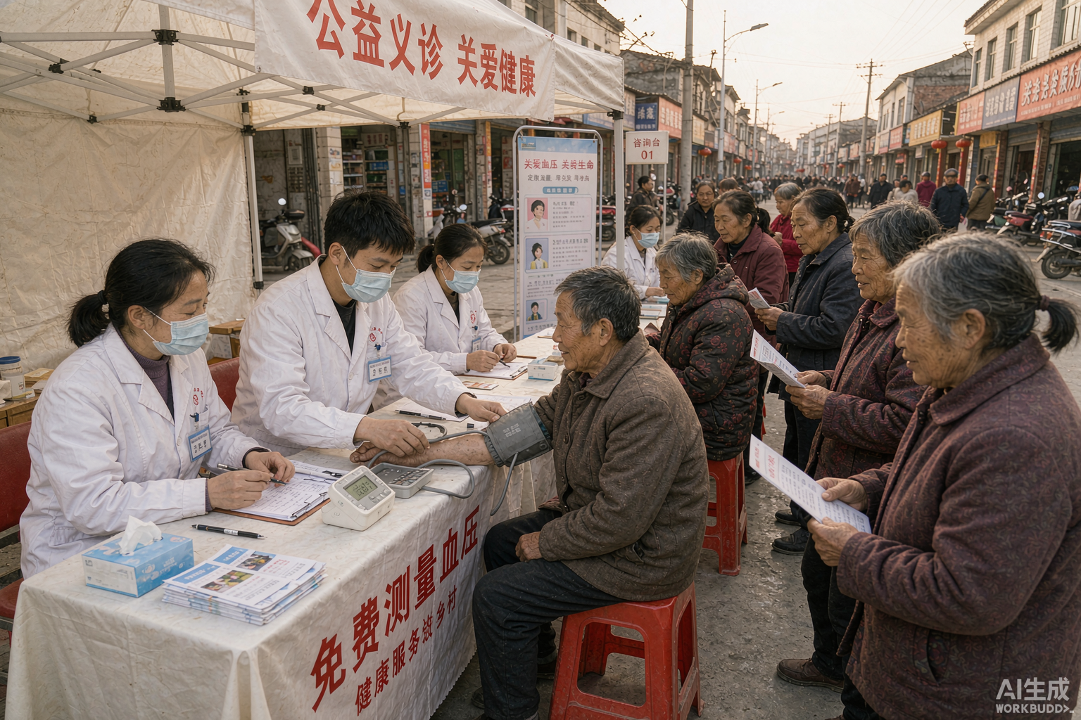 乡镇广场义诊现场，医生为村民测量血压