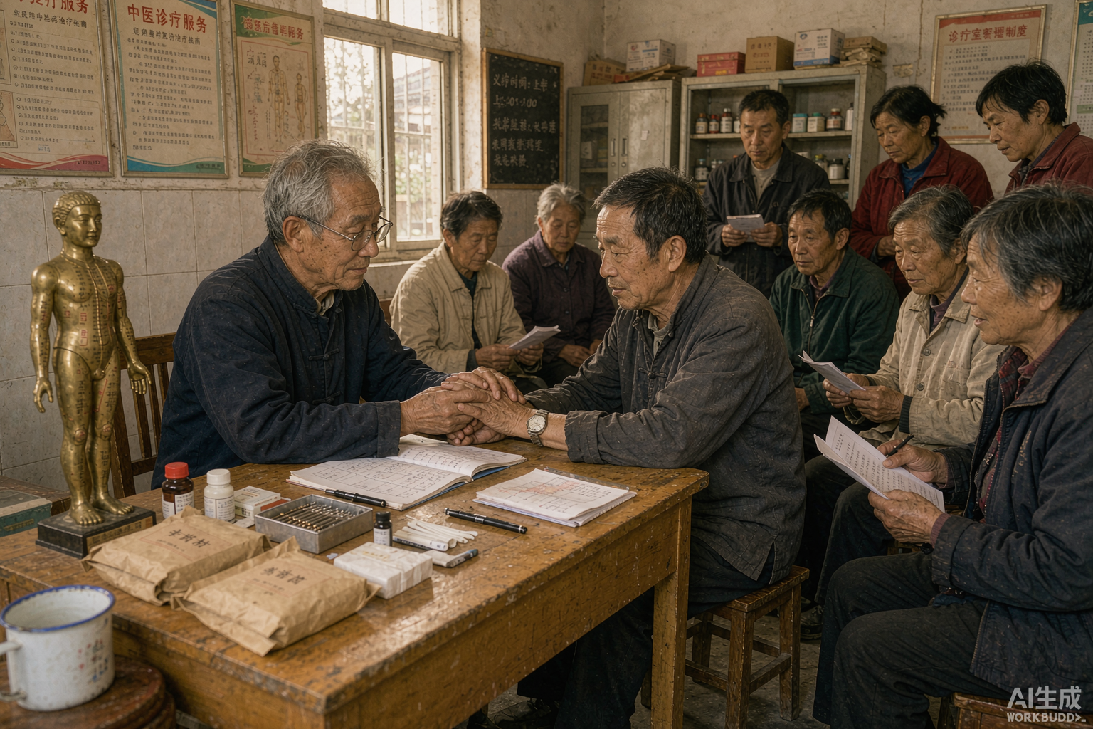 老中医在诊疗桌前为村民把脉